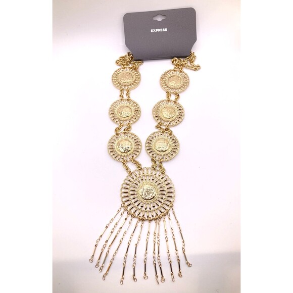 EXPRESS Metallic Gold Tone Tribal Boho Circle Station Statement Necklace 21" NEW - Picture 1 of 6